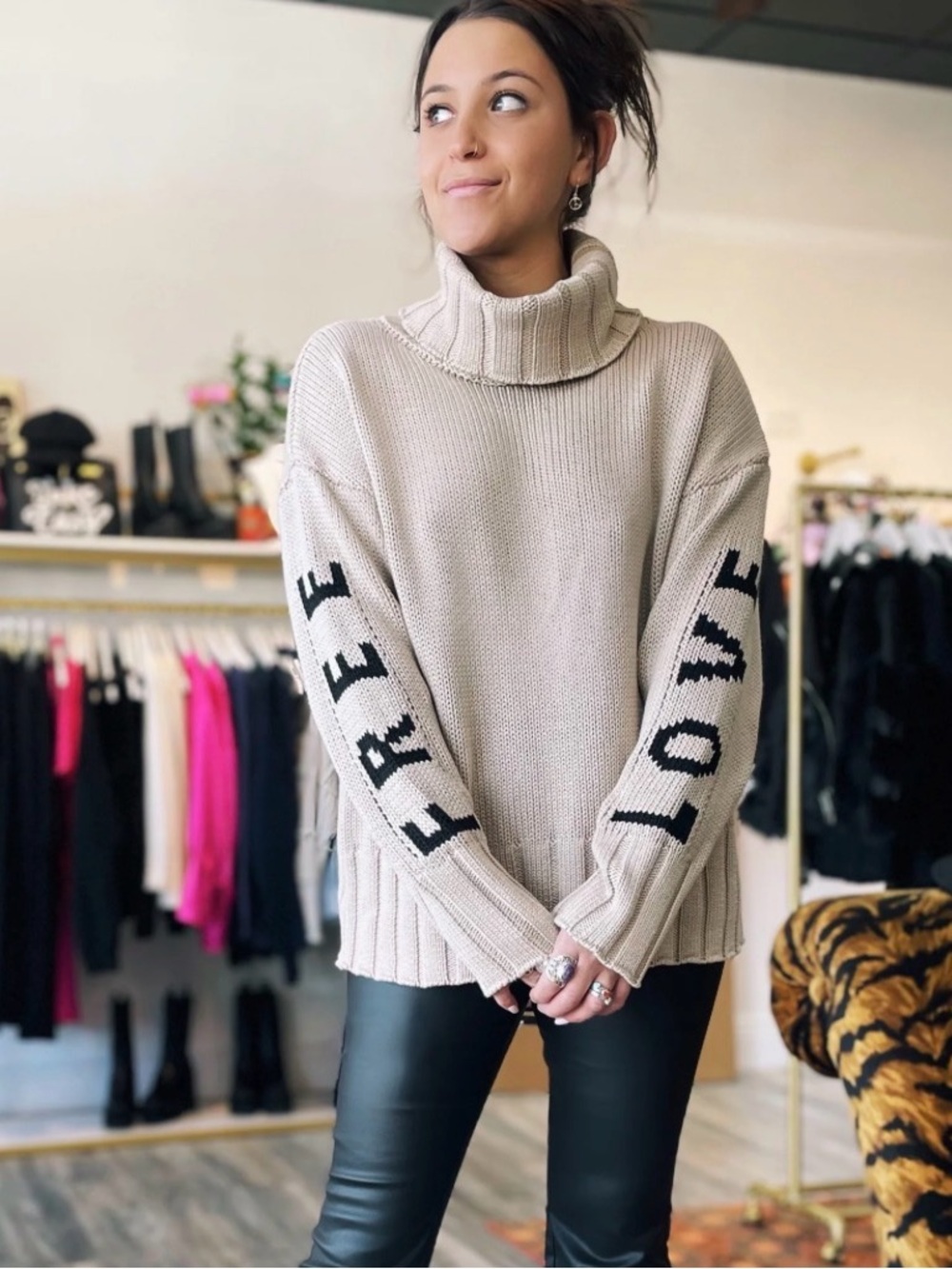 Free Love Oversized Sweater Chunky Knit Turtleneck Beige Size Medium Cozy Boho